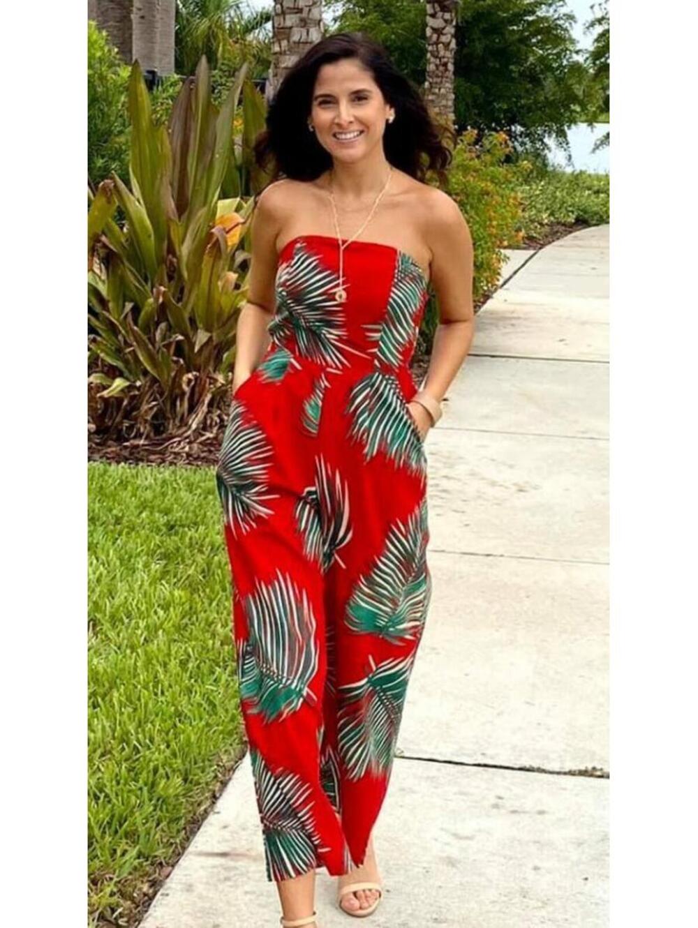 Petal Roz Red Tropical Print Wide Leg Strapless Jumpsuit - Size Small